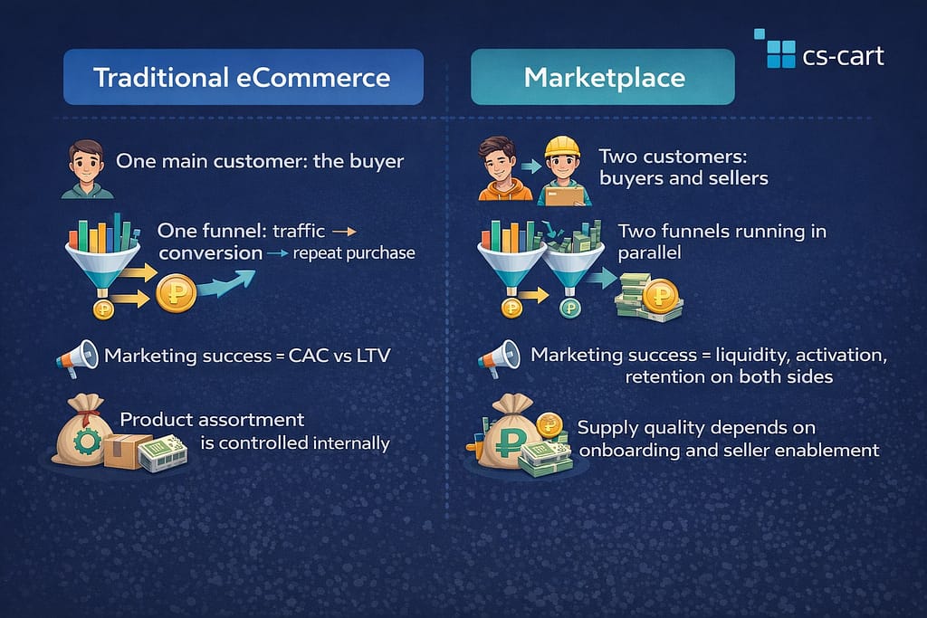 Traditional eCommerce marketing vs Marketplace marketing